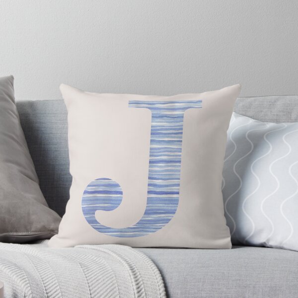 Letter J Blue Watercolor Stripes Monogram Initial Throw Pillow