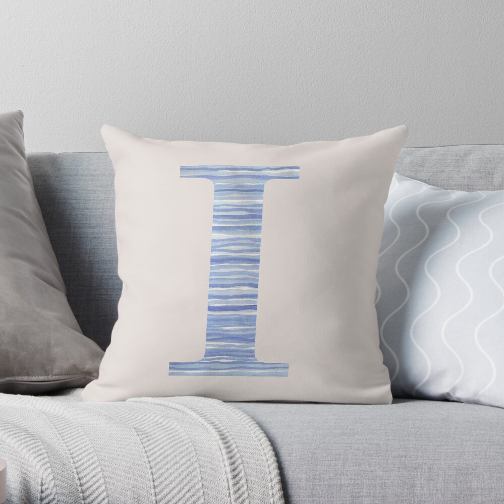 Letter I Blue Watercolor Stripes Monogram Initial Throw Pillow