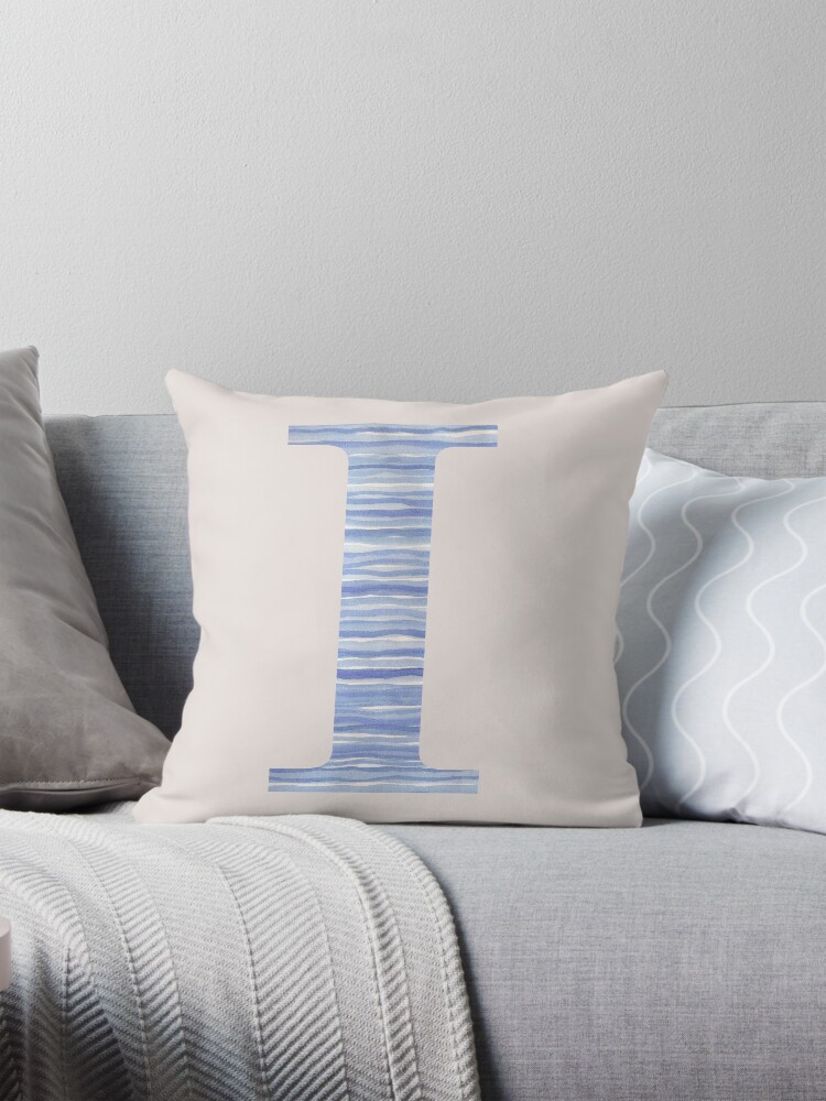 Thumbnail 1 of 4, Pillow, Letter I Blue Watercolor Stripes Monogram Initial designed and sold by theartofvikki.