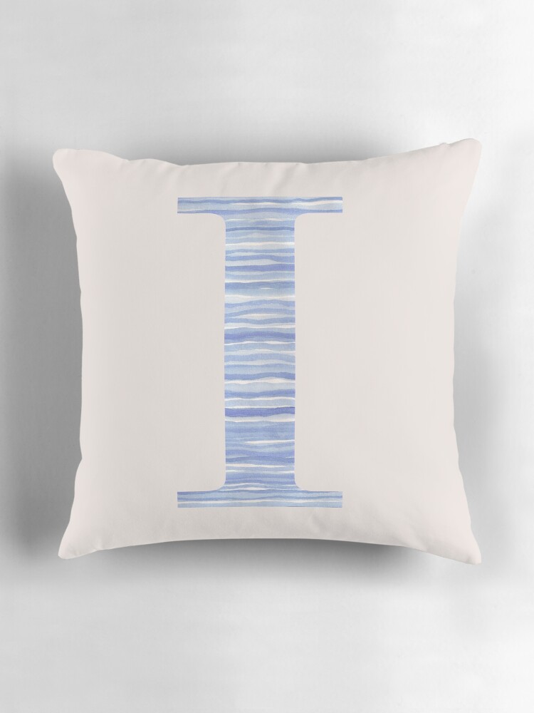 Thumbnail 3 of 4, Pillow, Letter I Blue Watercolor Stripes Monogram Initial designed and sold by theartofvikki.