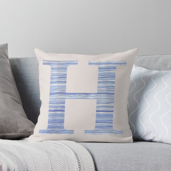Letter H Blue Watercolor Stripes Monogram Initial Throw Pillow