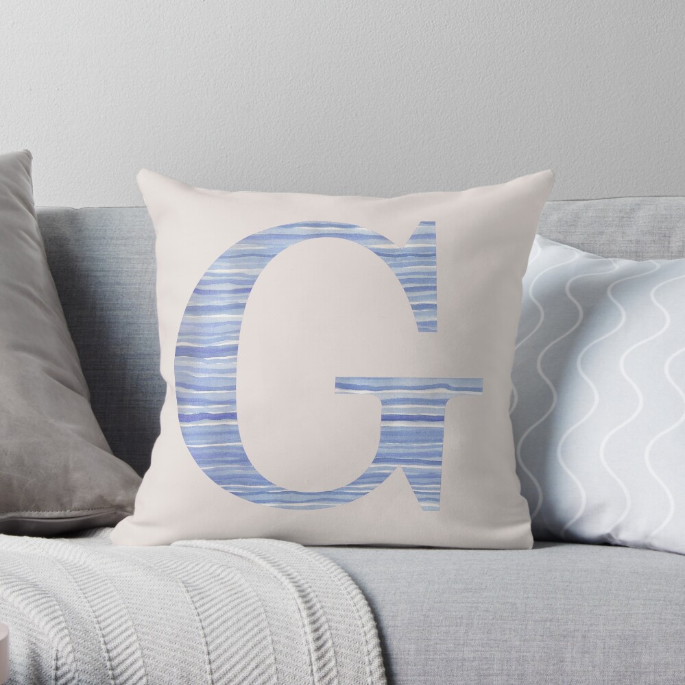 Letter G Blue Watercolor Stripes Monogram Initial Throw Pillow