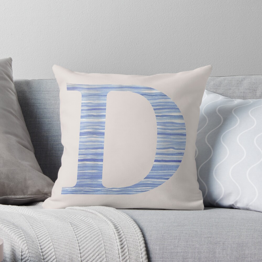 Letter D Blue Watercolor Stripes Monogram Initial Throw Pillow