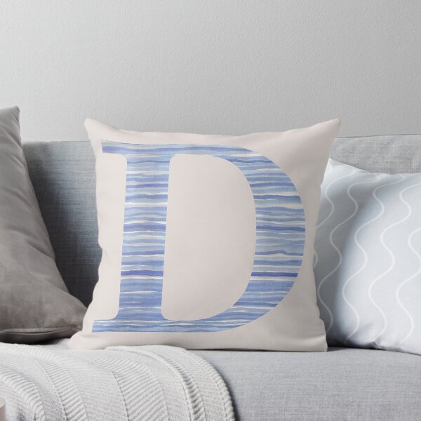 Letter D Blue Watercolor Stripes Monogram Initial Throw Pillow