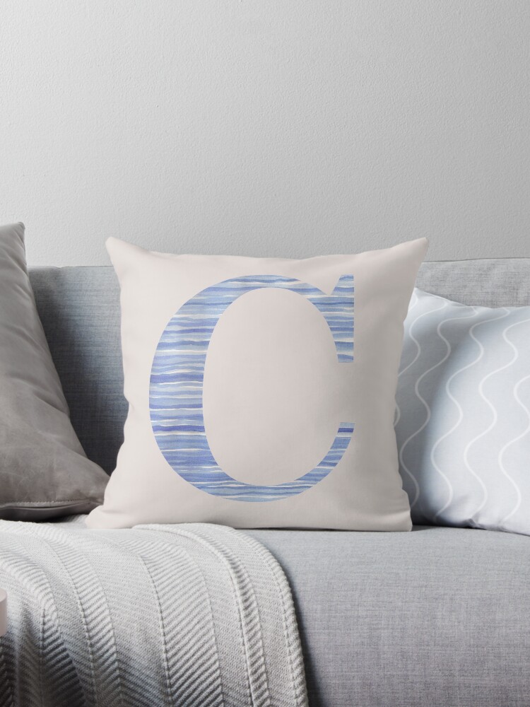 Thumbnail 1 of 3, Throw Pillow, Letter C Blue Watercolor Stripes Monogram Initial designed and sold by theartofvikki.