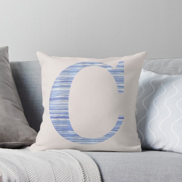 Letter C Blue Watercolor Stripes Monogram Initial Throw Pillow