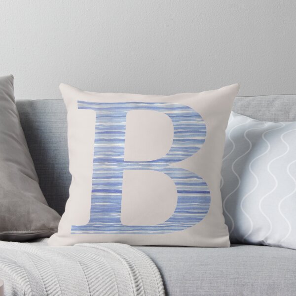 Letter B Blue Watercolor Stripes Monogram Initial Throw Pillow