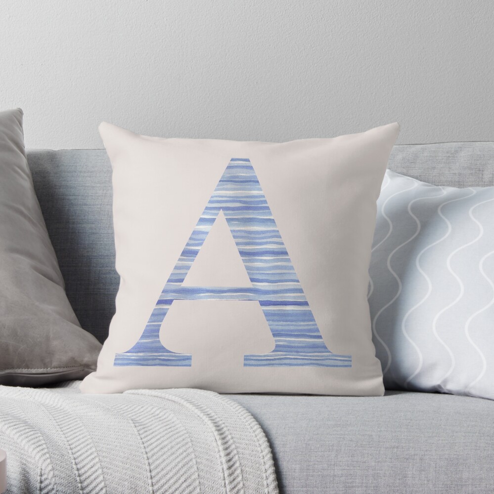 Letter A Blue Watercolor Stripes Monogram Initial Throw Pillow