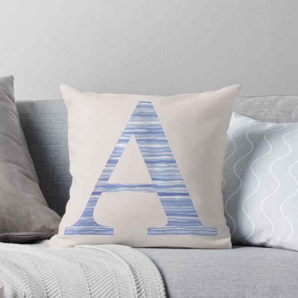 Letter A Blue Watercolor Stripes Monogram Initial Throw Pillow