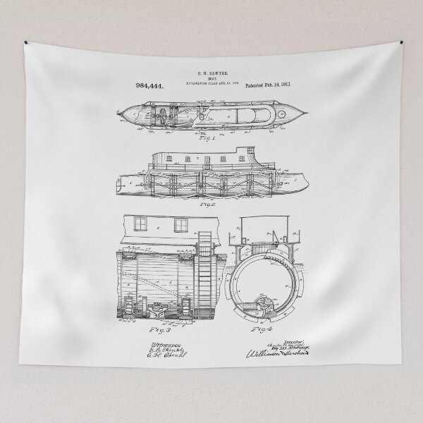 Item preview, Boat Patent - C. H. Sawyer - February 14, 1911 - Black Version designed and sold by Aliasandco.