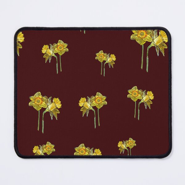 Item preview, Narcissus yellow bouquet pattern on dark red background designed and sold by Yana Mustafina | Boho Soulful Designs.
