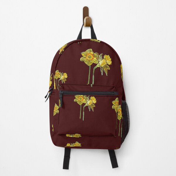 Item preview, Narcissus yellow bouquet pattern on dark red background designed and sold by Yana Mustafina | Boho Soulful Designs.