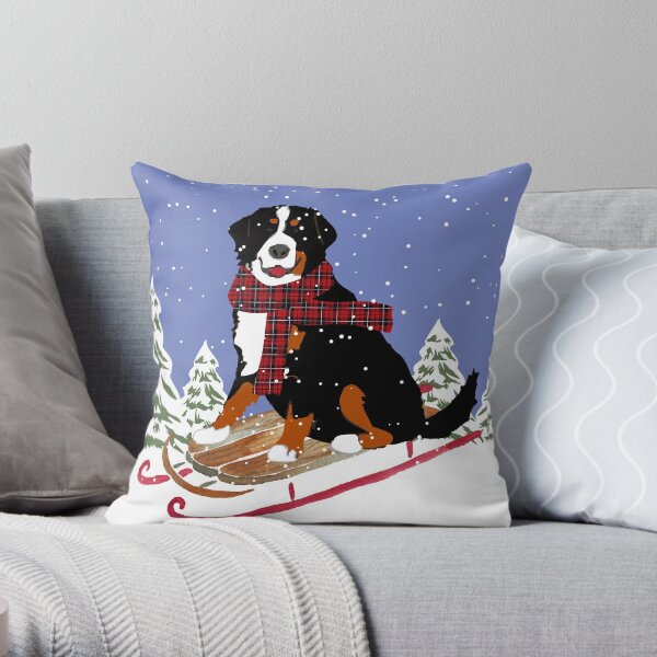 Bernese Mountain Dog Sledding Throw Pillow