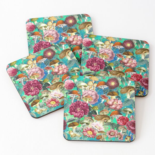 Item preview, Vintage mushrooms and florals garden, shrooms and fungi, botanical pattern, mushrooms illustration, seamless pattern, blue turquoise pattern trendy  designed and sold by ZeinabTaha.