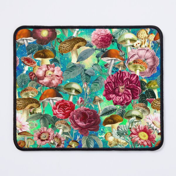 Item preview, Vintage mushrooms and florals garden, shrooms and fungi, botanical pattern, mushrooms illustration, seamless pattern, blue turquoise pattern trendy designed and sold by ZeinabTaha.