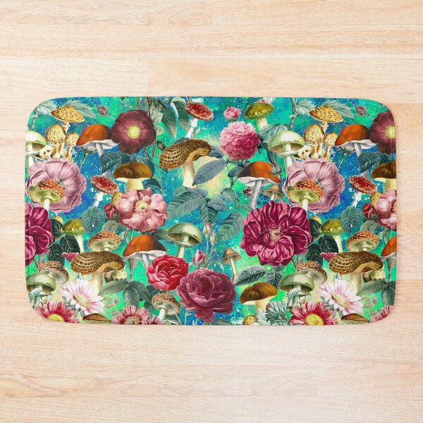 Item preview, Vintage mushrooms and florals garden, shrooms and fungi, botanical pattern, mushrooms illustration, seamless pattern, blue turquoise pattern trendy  designed and sold by ZeinabTaha.