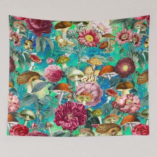 Item preview, Vintage mushrooms and florals garden, shrooms and fungi, botanical pattern, mushrooms illustration, seamless pattern, blue turquoise pattern trendy  designed and sold by ZeinabTaha.