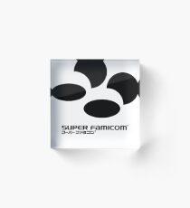 an adidas sweatshirt except it says super famicom in black Acrylic Block