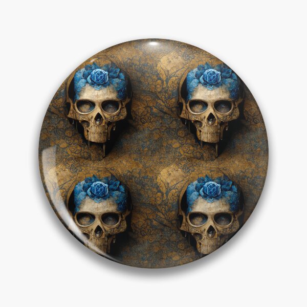 Item preview, Skull with blue rose and empty eyes, intricate golden background designed and sold by TreasuryOE.