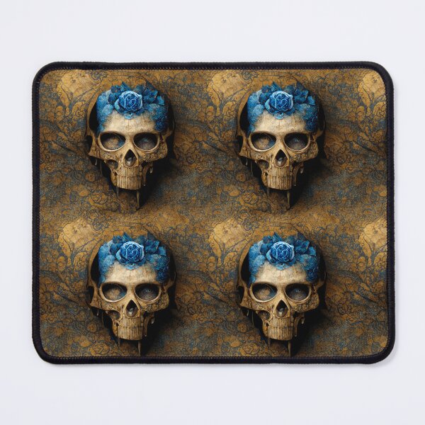 Item preview, Skull with blue rose and empty eyes, intricate golden background designed and sold by TreasuryOE.