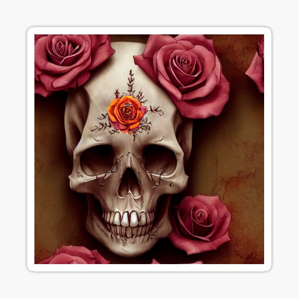 Item preview, Satisfied skull with orange rose, pink roses and content smile designed and sold by TreasuryOE.