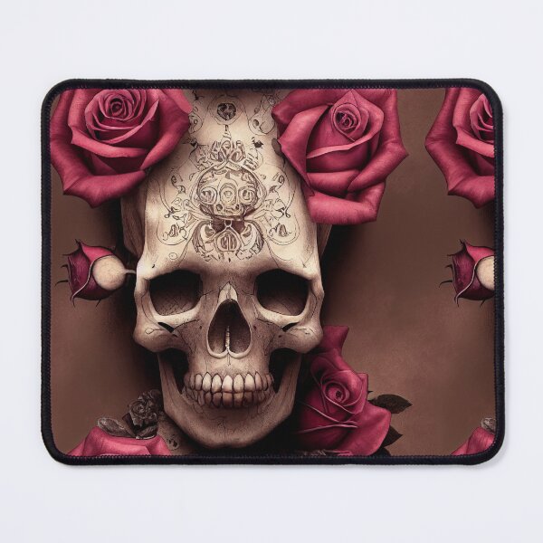 Item preview, Smiling skull with carved patterns, pink roses, happy designed and sold by TreasuryOE.