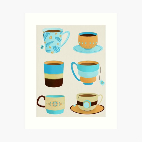 Item preview, Blue and tan retro teacups designed and sold by Home Cyn Home.