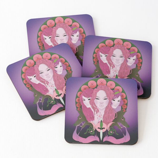 Item preview, Greek Goddess Hekate in Pink and Purple with Wolves Snakes Daggers and the Triple Moon Devine Femininity Art Deco Art Nouveau Retro Vintage Illustration designed and sold by marie-inks.
