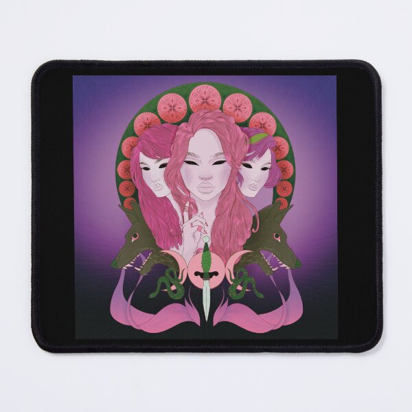Item preview, Greek Goddess Hekate in Pink and Purple with Wolves Snakes Daggers and the Triple Moon Devine Femininity Art Deco Art Nouveau Retro Vintage Illustration designed and sold by marie-inks.