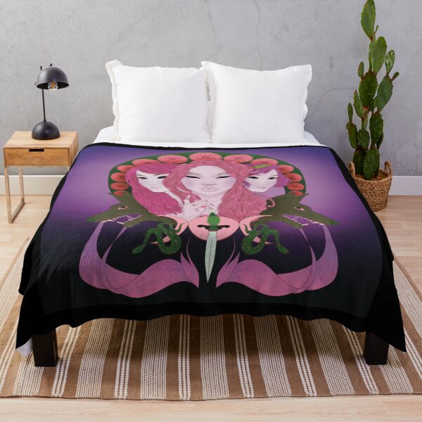Item preview, Greek Goddess Hekate in Pink and Purple with Wolves Snakes Daggers and the Triple Moon Devine Femininity Art Deco Art Nouveau Retro Vintage Illustration designed and sold by marie-inks.