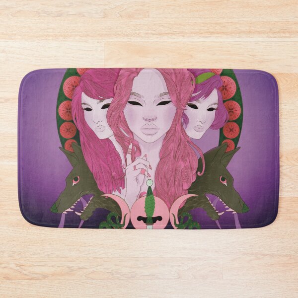 Item preview, Greek Goddess Hekate in Pink and Purple with Wolves Snakes Daggers and the Triple Moon Devine Femininity Art Deco Art Nouveau Retro Vintage Illustration designed and sold by marie-inks.