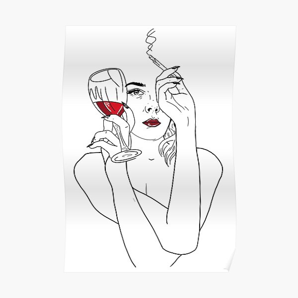 Amber line art : Classy woman smoking drinking wine Poster