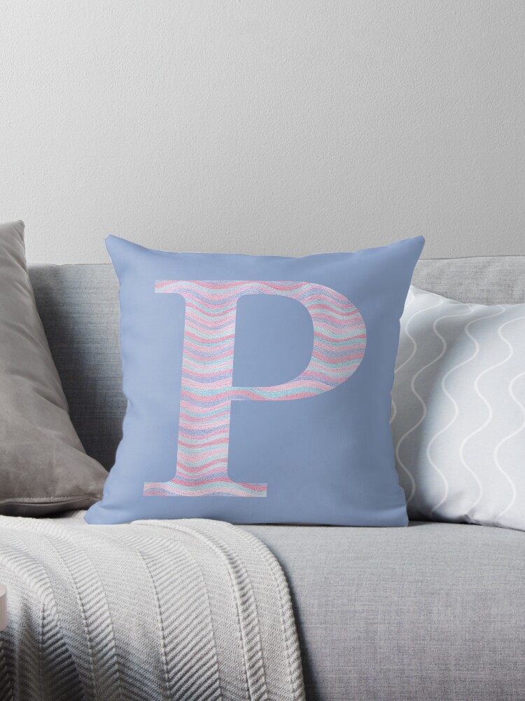 Thumbnail 1 of 3, Throw Pillow, Initial P Rose Quartz And Serenity Pink Blue Wavy Lines designed and sold by theartofvikki.