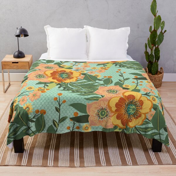 Item preview, Yellow orange retro flowers on a green background Vintage design designed and sold by Kallandra.