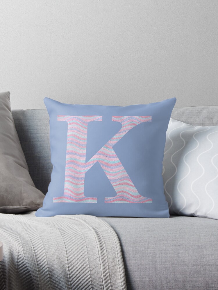 Thumbnail 1 of 3, Throw Pillow, Initial K Rose Quartz And Serenity Pink Blue Wavy Lines designed and sold by theartofvikki.