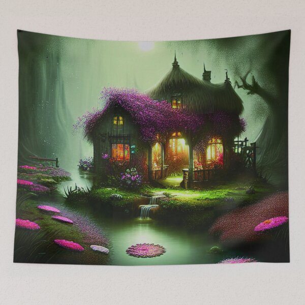 Item preview, Sparkling Fantasy Cottage with Lights and Glitter Background in Forest, Scenery Nature designed and sold by NatureFood.