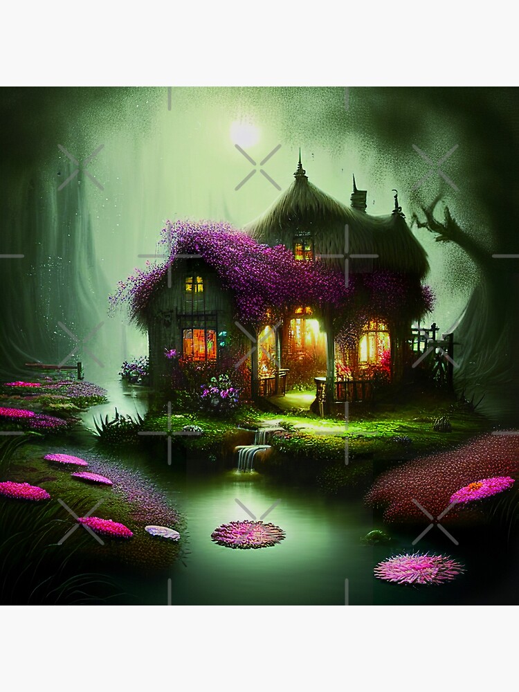 "Sparkling Fantasy Cottage with Lights and Glitter Background in Forest