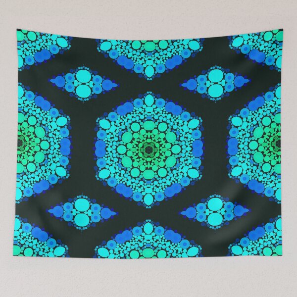 Artikelvorschau, Punkt-Mandala-Blume blau und grün entworfen und verkauft von WormholeOrbital.