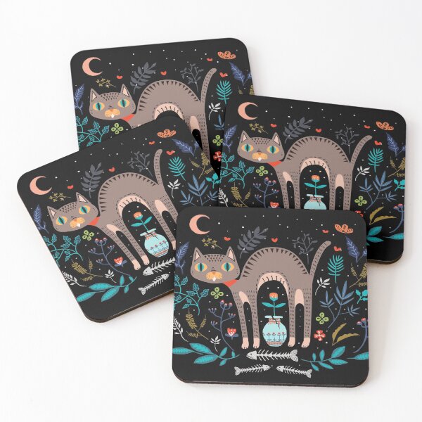 Floral and Cat at night Coasters (Set of 4)