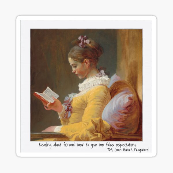 Item preview, Reading about fictional men to give me false expectations- Art History Sticker - Jean Honore Fragonard -  designed and sold by Clowngirlprints.