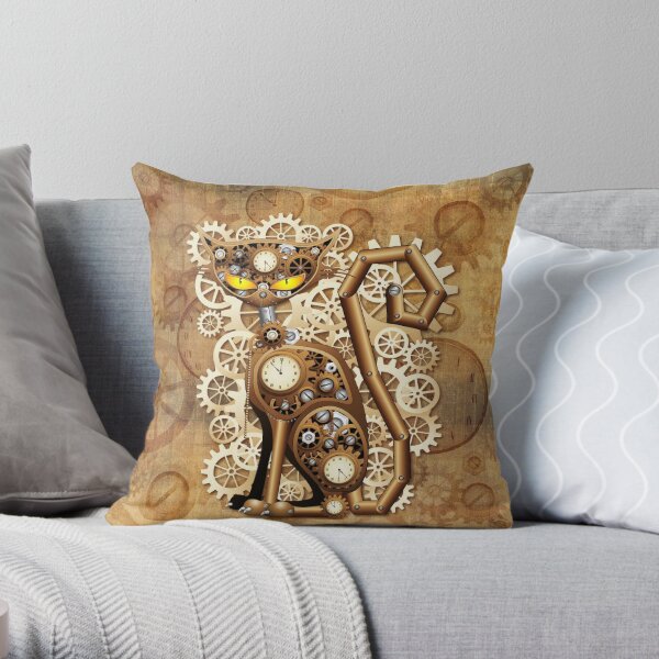 Steampunk Cat Vintage Style Throw Pillow