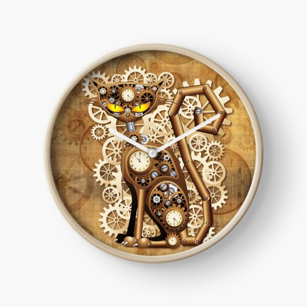 Cat Steampunk Vintage Retro Style Machine Clock