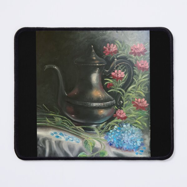 Item preview, Coffee pot still life with hydrangea and wild flowers designed and sold by OilPaintsHatts.