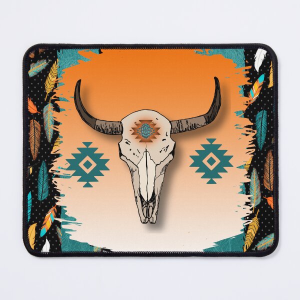 Item preview, Cow Scull With Tribal Symbol Pattern In Turquoise And Oranges designed and sold by handsoftime2020.