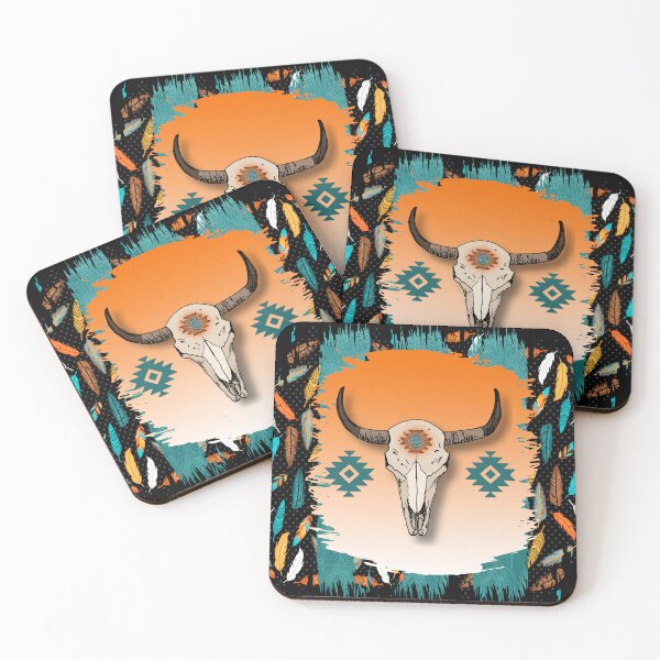 Item preview, Cow Scull With Tribal Symbol Pattern In Turquoise And Oranges designed and sold by handsoftime2020.