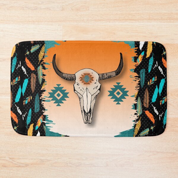 Item preview, Cow Scull With Tribal Symbol Pattern In Turquoise And Oranges designed and sold by handsoftime2020.