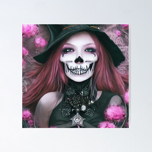 Cute Smiling Redhead Witch surrounded by Pink Flowers Poster