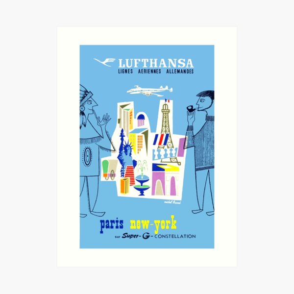 Vintage Lufthansa Paris To New York Travel Poster Art Print