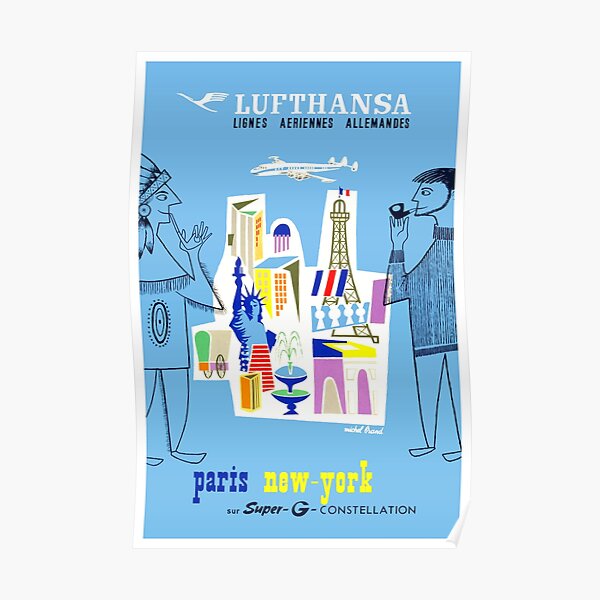 Vintage Lufthansa Paris To New York Travel Poster Poster