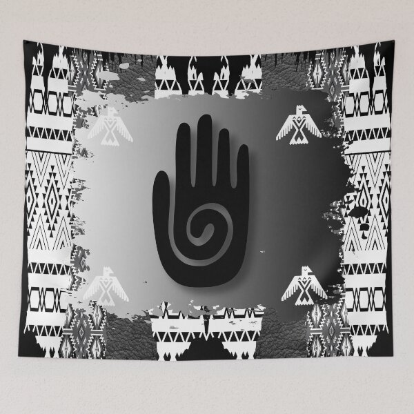 Item preview, Hopi Indian Healing Hand With Tribal Symbol Pattern In Black And White designed and sold by handsoftime2020.